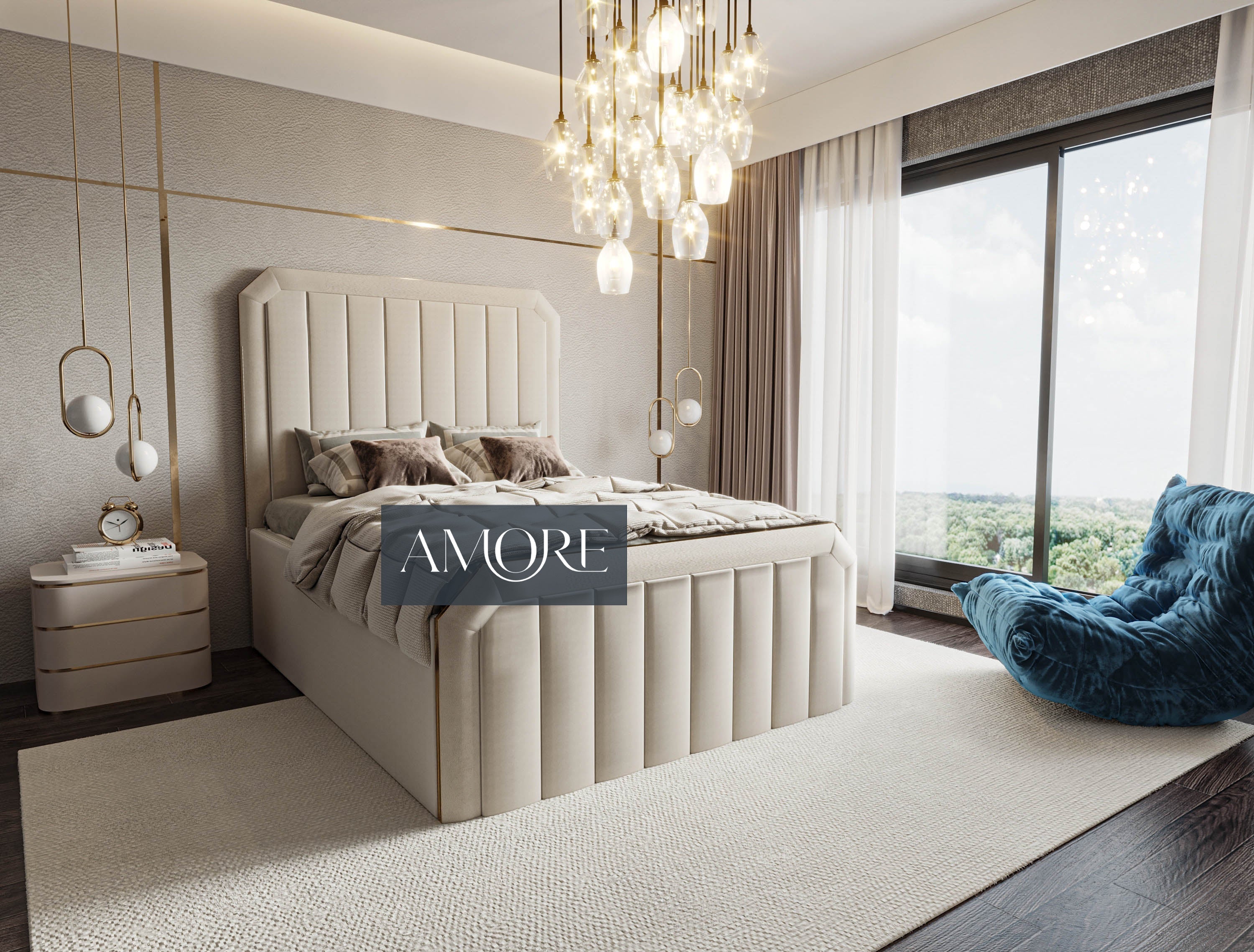 Windsor Wide Extended Headboard Mirror Stripe Panelled Bed Amore