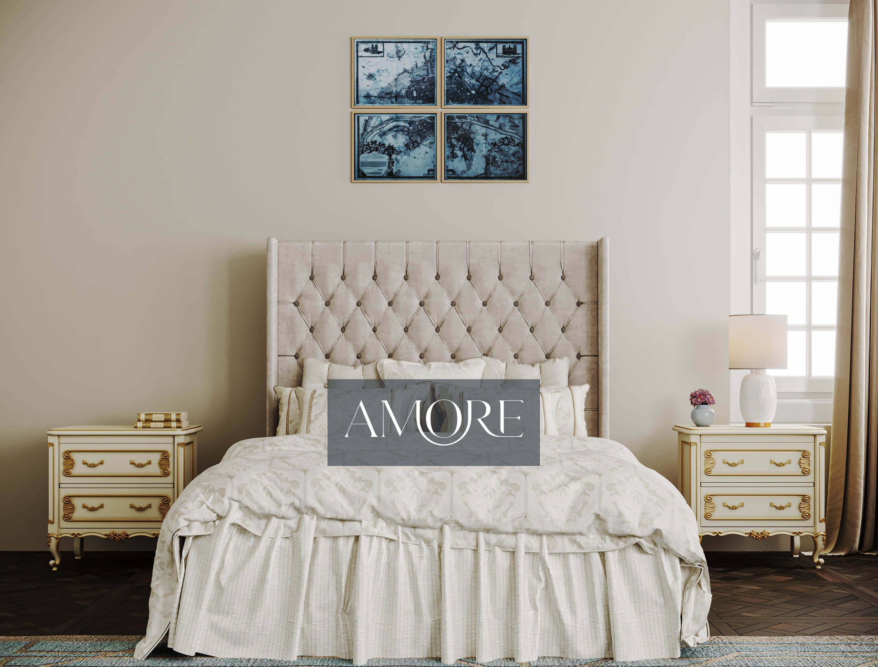 Windsor Wide Extended Headboard Mirror Stripe Panelled Bed Amore