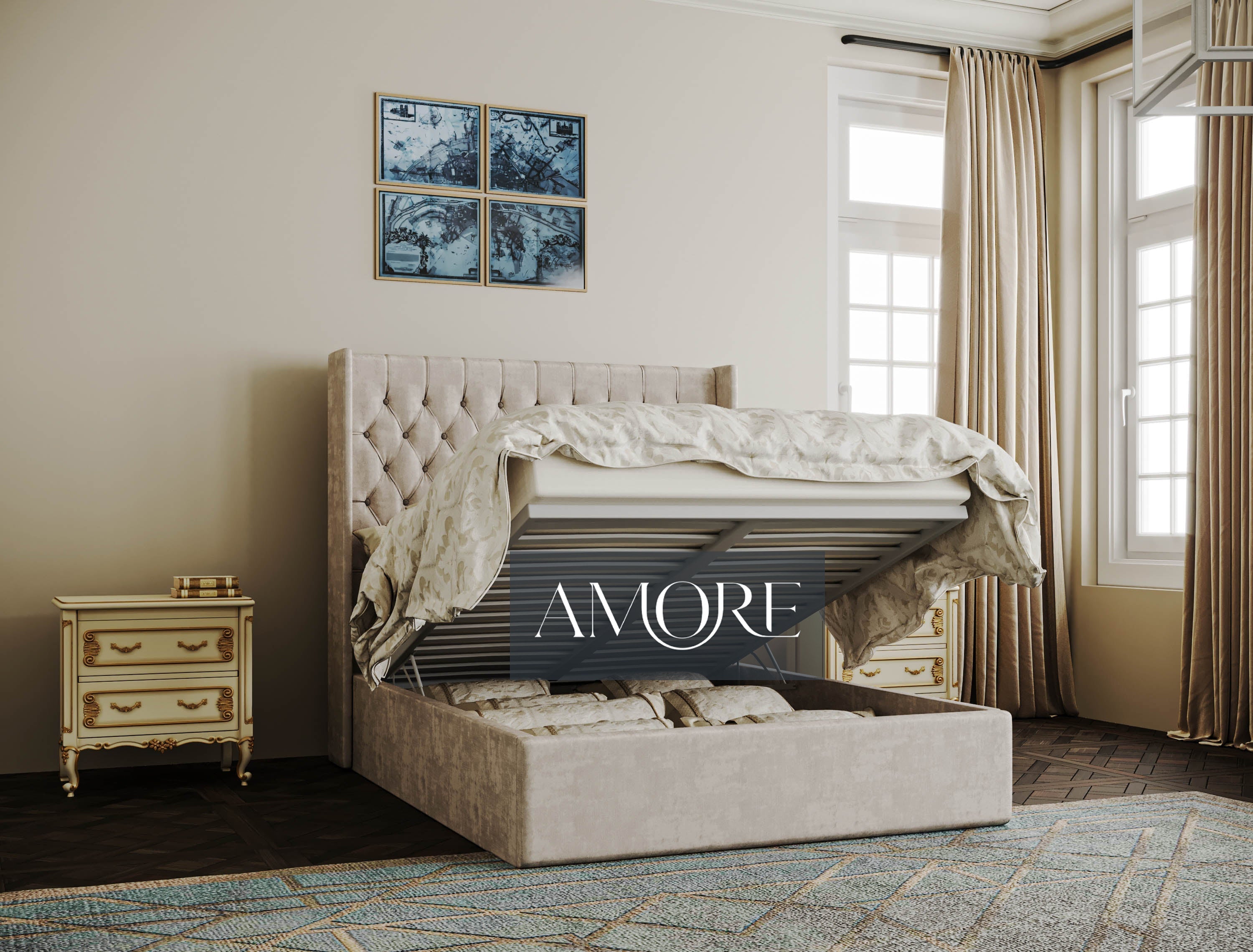 Windsor Wide Extended Headboard Mirror Stripe Panelled Bed Amore