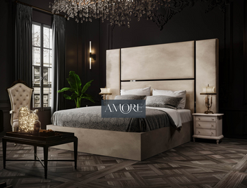 Alexander Elegance Glossy Trim Wider Headboard Bed, Extended headboard bed, Wide headboard bed, New Bed, Chesterfield bed, Fabric Bed