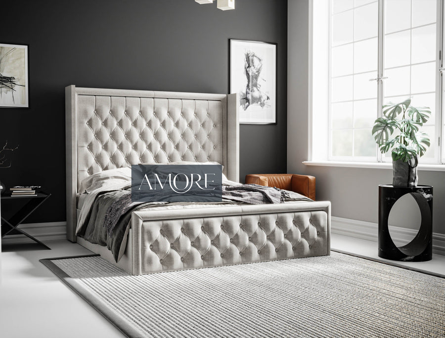 Windsor Wide Extended Headboard Mirror Stripe Panelled Bed Amore
