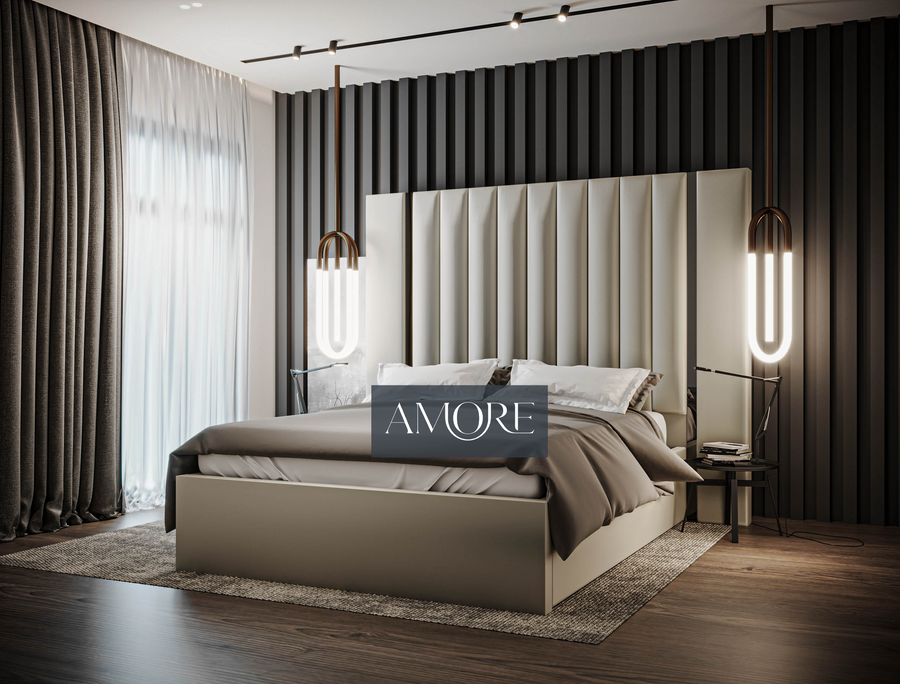 Aurora Wide Extended Headboard Mirror Stripe Panelled Bed, extended headboard bed, cream bed, new bed, wide headboard bed, upholstered bed, bed frame, fabric bed, bed in uk 