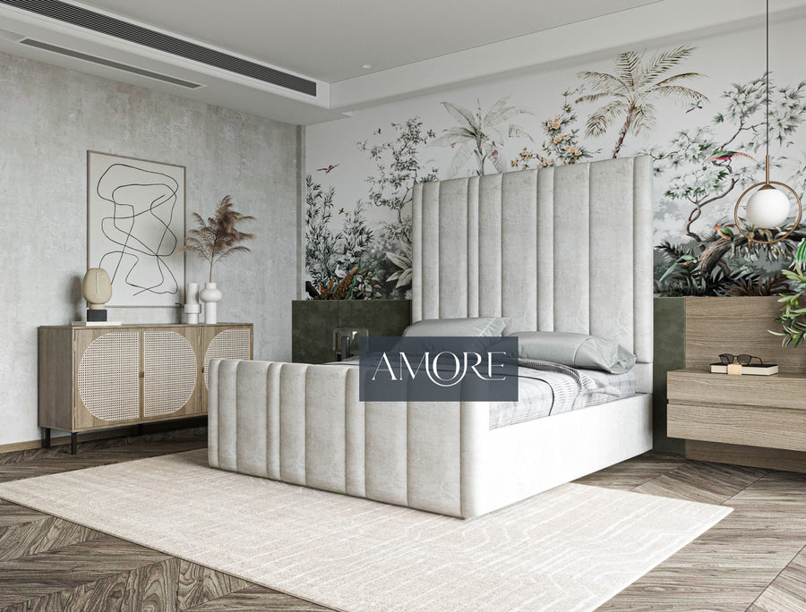 Kirsten Stripe Line Panel Wide Headboard Bed , Wide Headboard Bed, upholstered bed, fabric bed, luxury bed