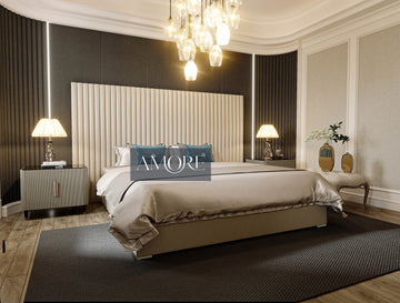 Hugo Lines Panel Wide Headboard Bed, Fabric  Bed, Lines Bed, Wide Headboard Bed