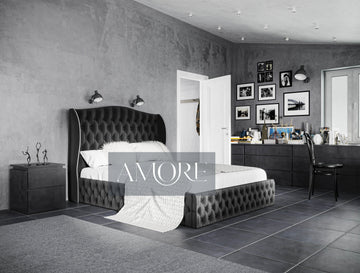 Brompton Wing Back Chesterfield Designer BedGrey Fabric Bed, Upholstered Bed, Tall Headboard Bed, Bed, Amore, Grey Bed, Chesterfield Bed