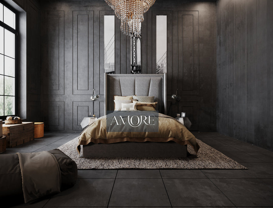 Evelyn Horizon Winged Bed Grey Bed- Amore