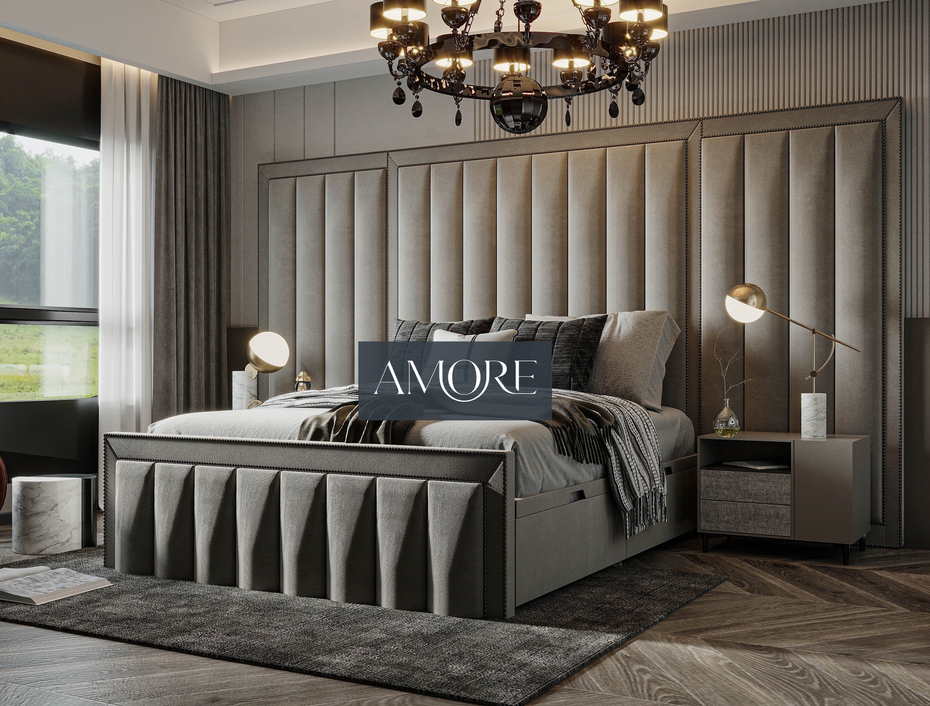 Windsor Wide Extended Headboard Mirror Stripe Panelled Bed Amore