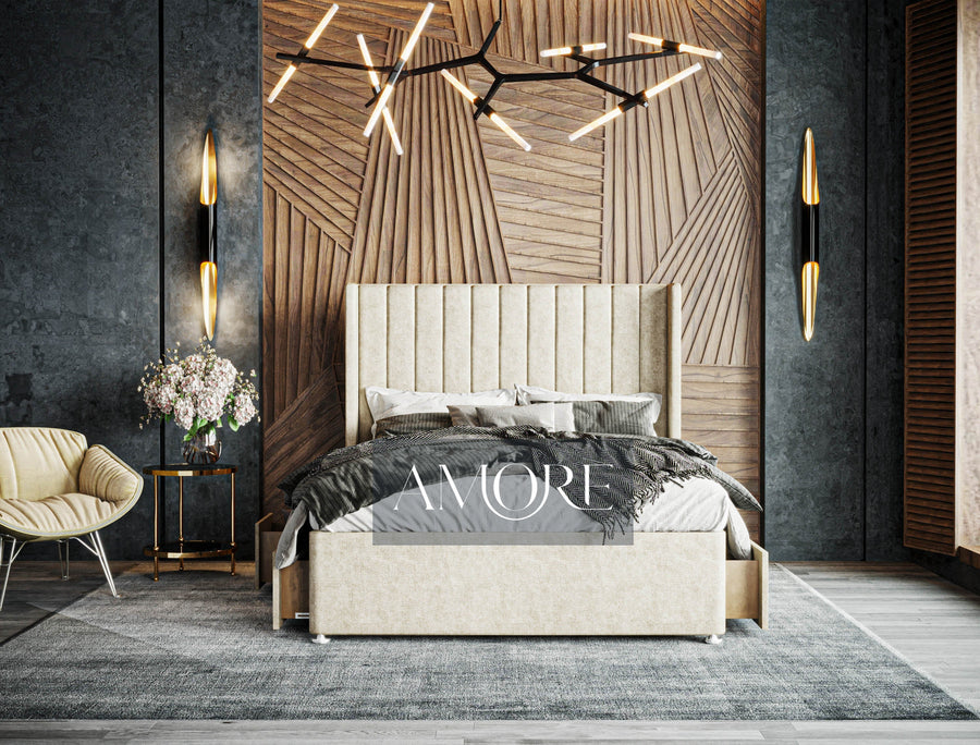 Eliza Stripe Winged Divan Drawer Storage Bed - Amore