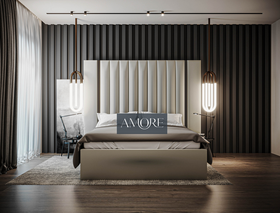 Aurora Wide Extended Headboard Mirror Stripe Panelled Bed