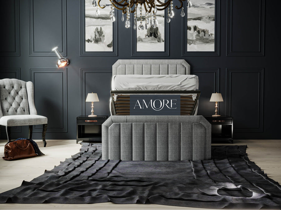 Lynn Wide Headboard Panelled Stripe Edge Bed, winged bed, tall headboard bed, fabric bed, upholstered bed, grey bed