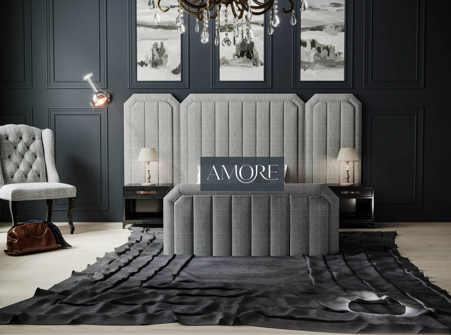 Lynn Wide Headboard Panelled Stripe Edge Bed, winged bed, tall headboard bed, fabric bed, upholstered bed, grey bed