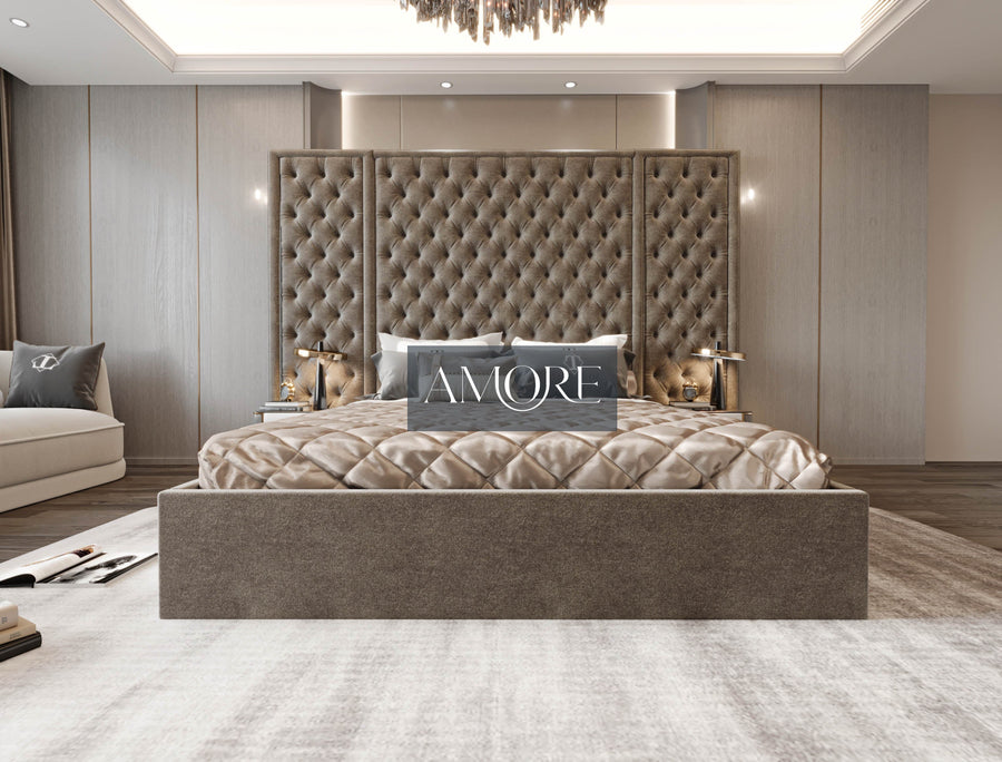 Fabric Bed, Wide Headboard Bed, Chesterfield Bed, Grey Bed, Beautiful Bed, Luxury bed