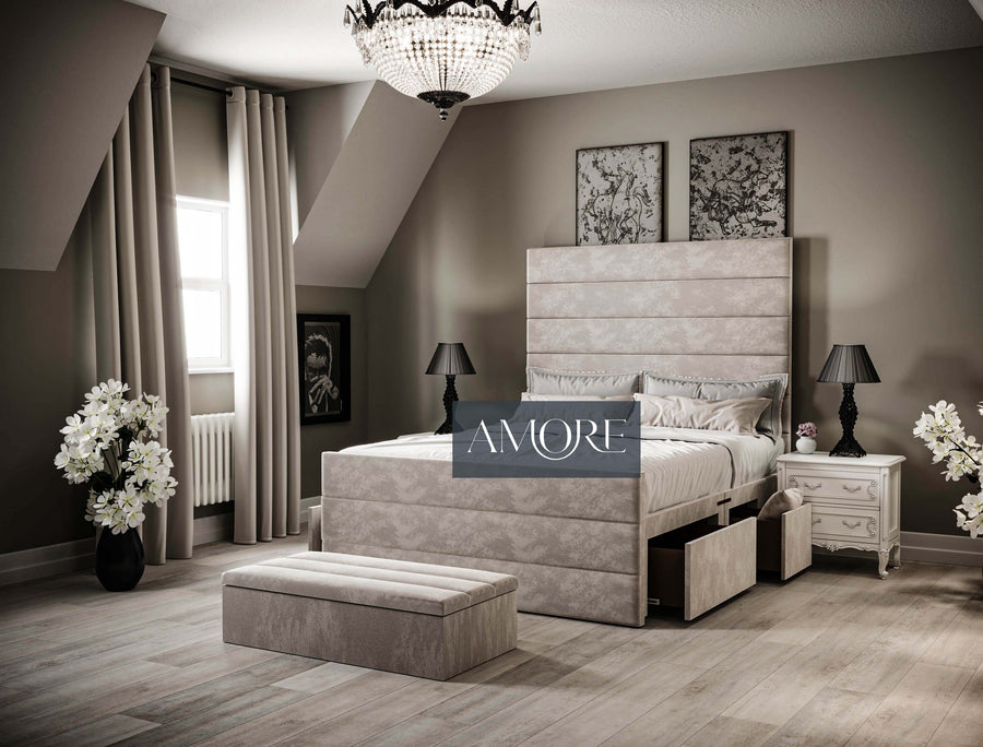 Leland Wide Headboard Upholstered Line Panel Storage Divan Drawer Bed, Drawer Bed, Divan Bed, Storage Bed, Drawers