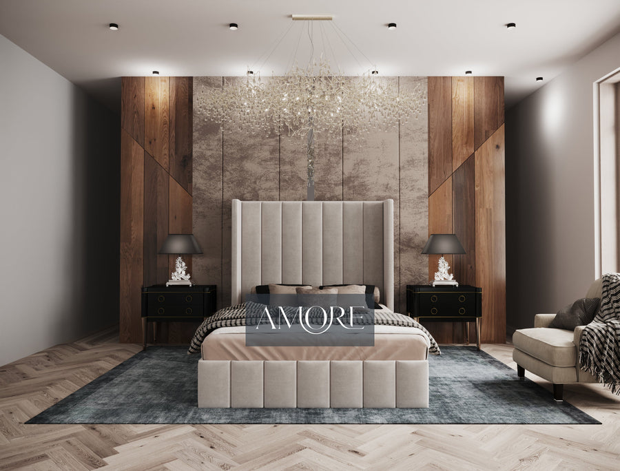 Alden Tall Headboard Winged Stripe Bed Amore
