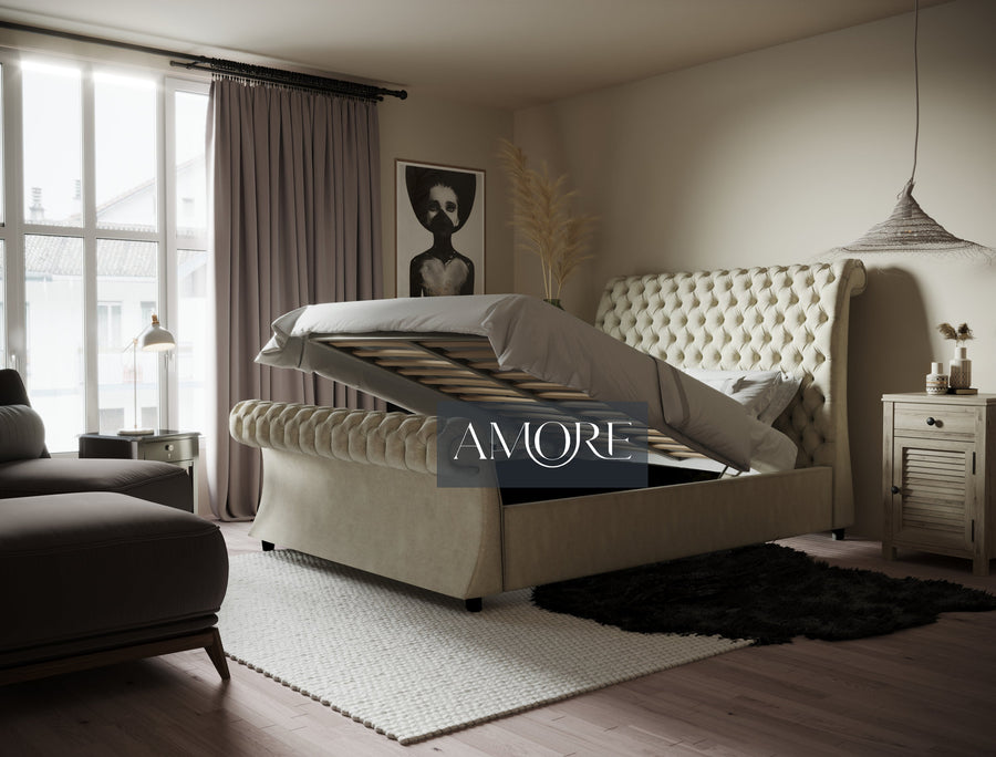 Armani Curve Foot Style Chesterfield Scroll Sleigh Bed - Amore