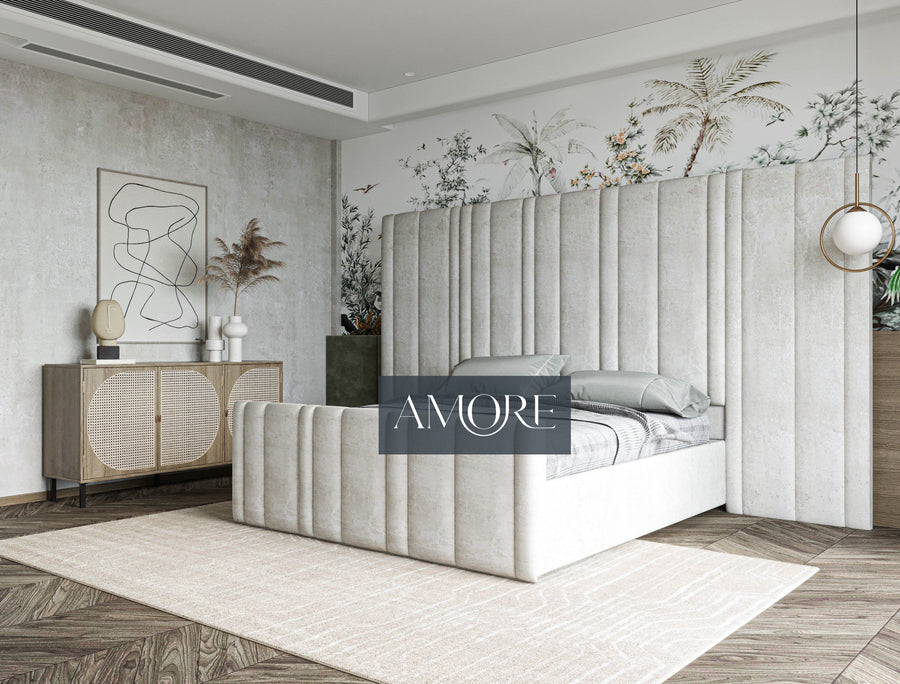 Kirsten Stripe Line Panel Wide Headboard Bed , Wide Headboard Bed, upholstered bed, fabric bed, luxury bed